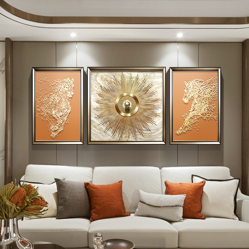 轻奢客厅沙发背景墙立体三联装饰画现代简约高级感挂画手绘马壁画图片