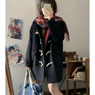 墨秋JK制服原创设计冬时令牛角扣连帽黑色大衣加厚毛呢外套女
