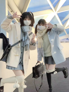 墨秋jk原创设计暖冬呢子大衣牛角扣毛呢外套水蓝色加厚小个子上衣