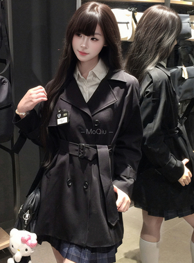 墨秋JK制服冶川短款黑色风衣原创设计日系学院风翻领春秋小个子女