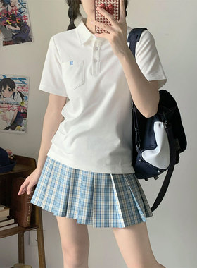 墨秋JK原创设计小禾白色POLO衫修身短袖女日系学院风正肩上衣