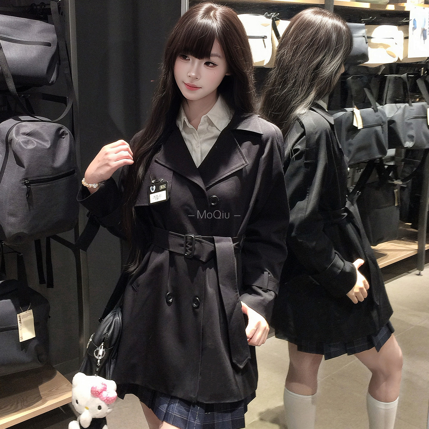 墨秋JK制服冶川短款黑色风衣原创设计日系学院风翻领春秋小个子女