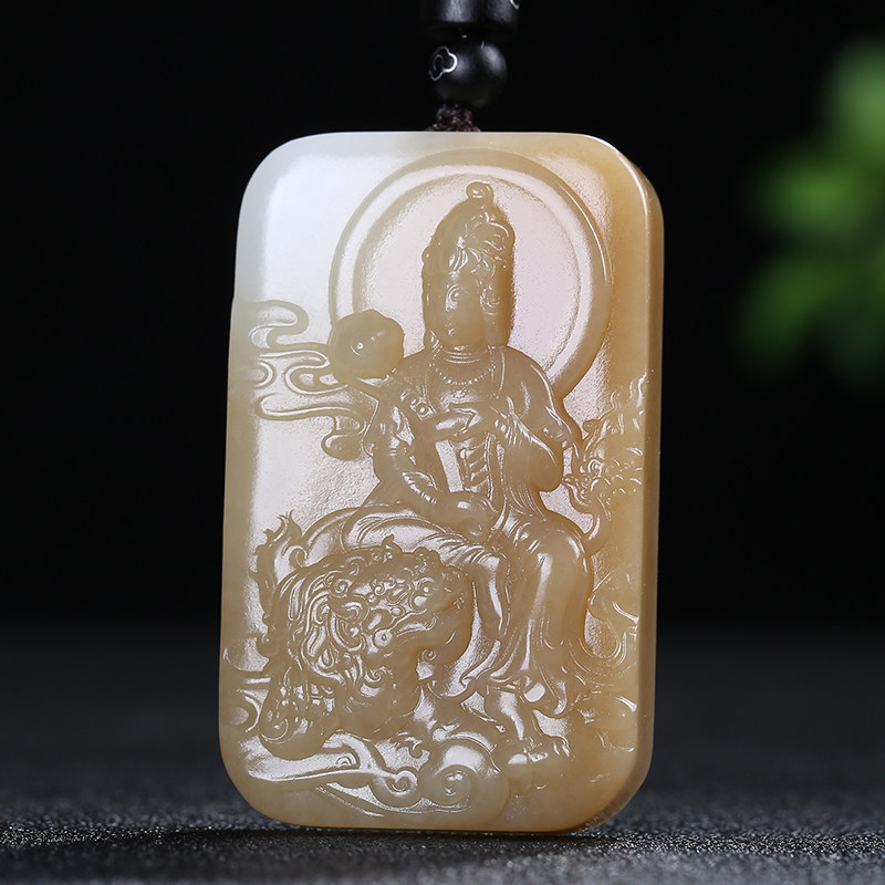 和田玉文殊菩萨男女款糖白玉吊坠