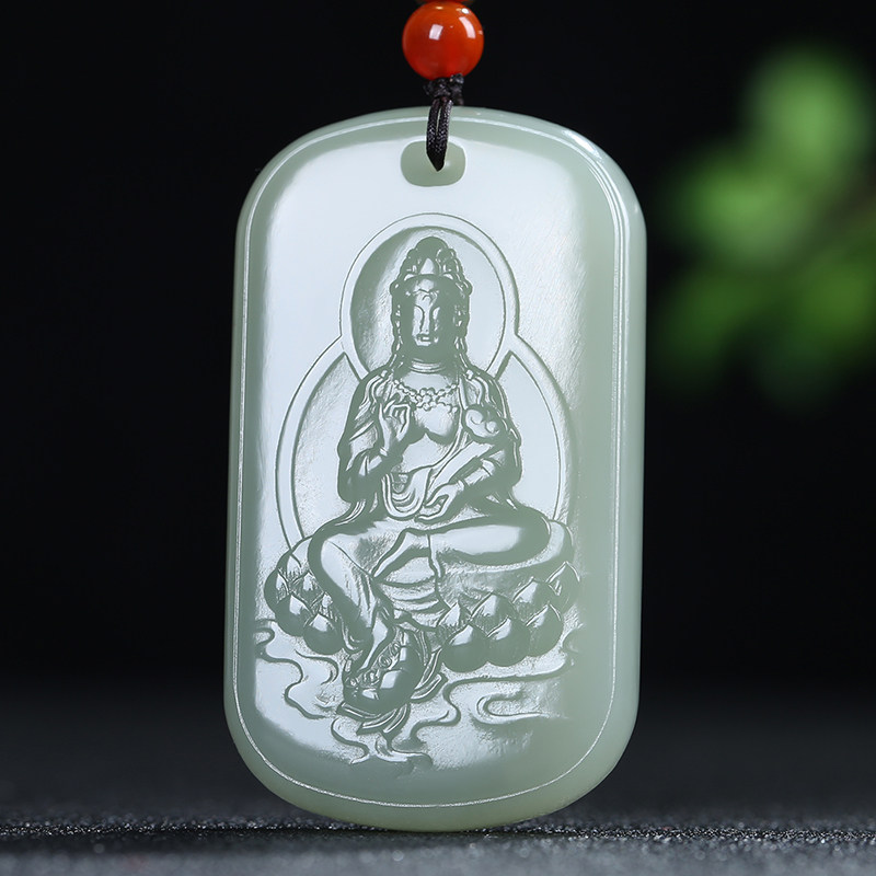 【慈航普渡】新疆和田玉观音莲花吊坠玉牌青白玉挂件天然玉石项链