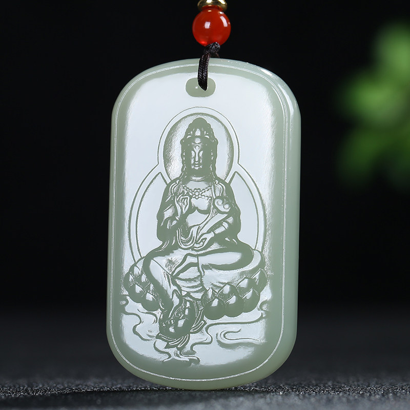 【慈航普渡】新疆和田玉观音荷花吊坠玉牌青白玉挂件天然玉石项链