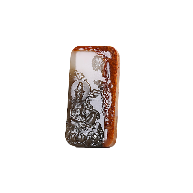 和田玉观音玉石吊坠糖白玉带皮料
