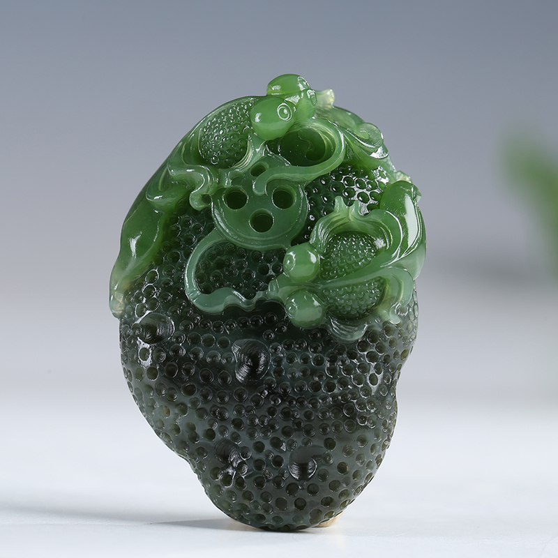 【金玉满堂】俄罗斯老坑碧玉吊坠玉坠金鱼莲花挂件玉佩天然玉石