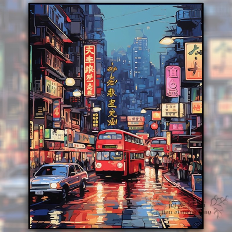治愈系新款十字绣材料包香港街道风景高级感简单手工满钻钻石贴画