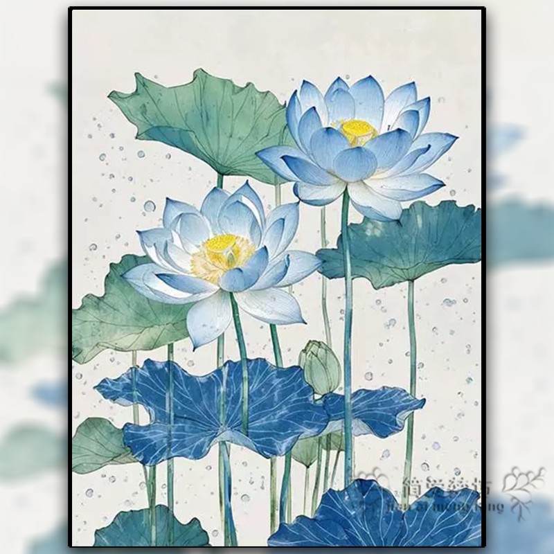 印花十字绣2026新款客厅线绣花卉系列蓝色荷花半成品刺绣钻石贴画