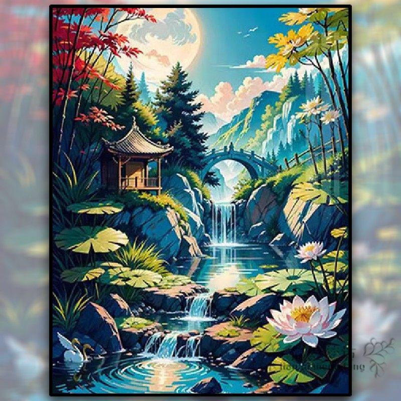 高山流水十字绣2023新款客厅绣线满绣风景中式意境钻石画手工diy