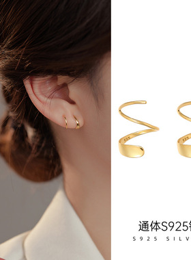 925纯银波浪螺旋耳钉女小众设计感简约新款潮养耳洞耳环冷淡风ins