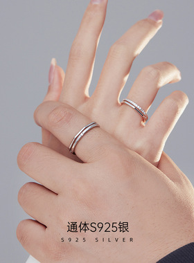 S925银双层戒指小众设计镶钻情侣对戒男女时尚一对开口指环高级感