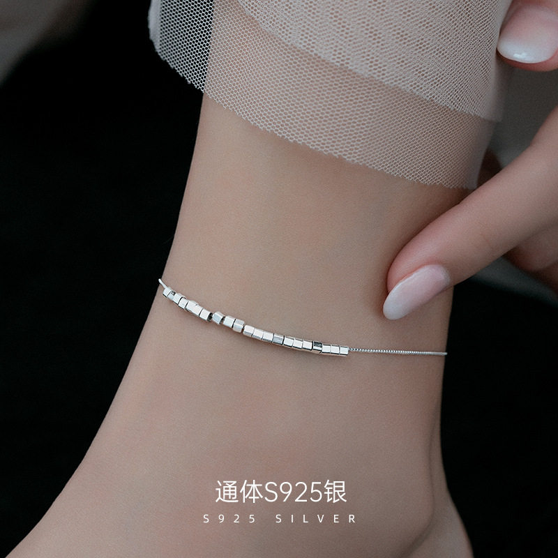 S925纯银高级感小方块脚链女夏2024新款潮轻奢小众ins冷淡风脚饰