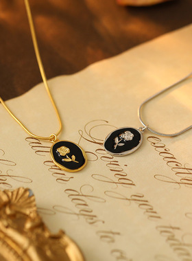 925纯银花朵项链女黑色复古港风玫瑰花锁骨链高级感浮雕气质颈链