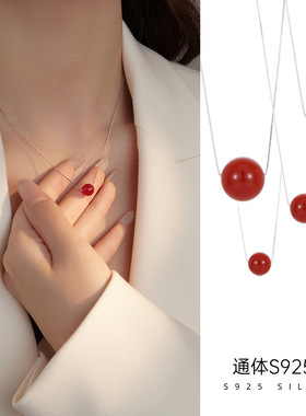 S925银新款红色玛瑙项链女复古百搭水晶串珠小众高级感锁骨链颈链
