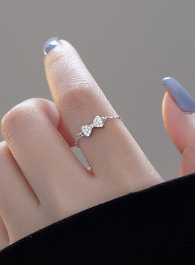 S925银蝴蝶结戒指女设计感抽拉式链条食指戒精致高级百搭小众指环