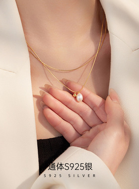 925纯银珍珠项链女双层叠戴蛇骨链韩版ins小众锁骨链气质简约颈链