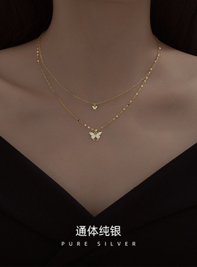 AILJins风小众设计S925纯银闪钻双层蝴蝶项链百搭冷淡风锁骨链女