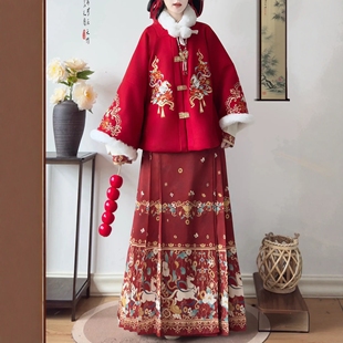 原创汉服女【岁岁欢】明制加绒加厚披袄红色马年拜年服套装冬季款