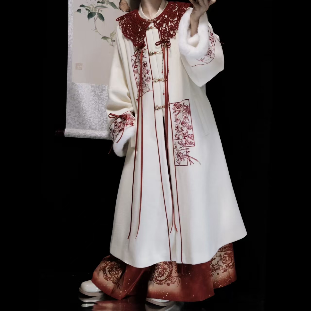 原创汉服女【七月夕-长乐】明制云肩对襟加绒长袄剪纸套装冬季款