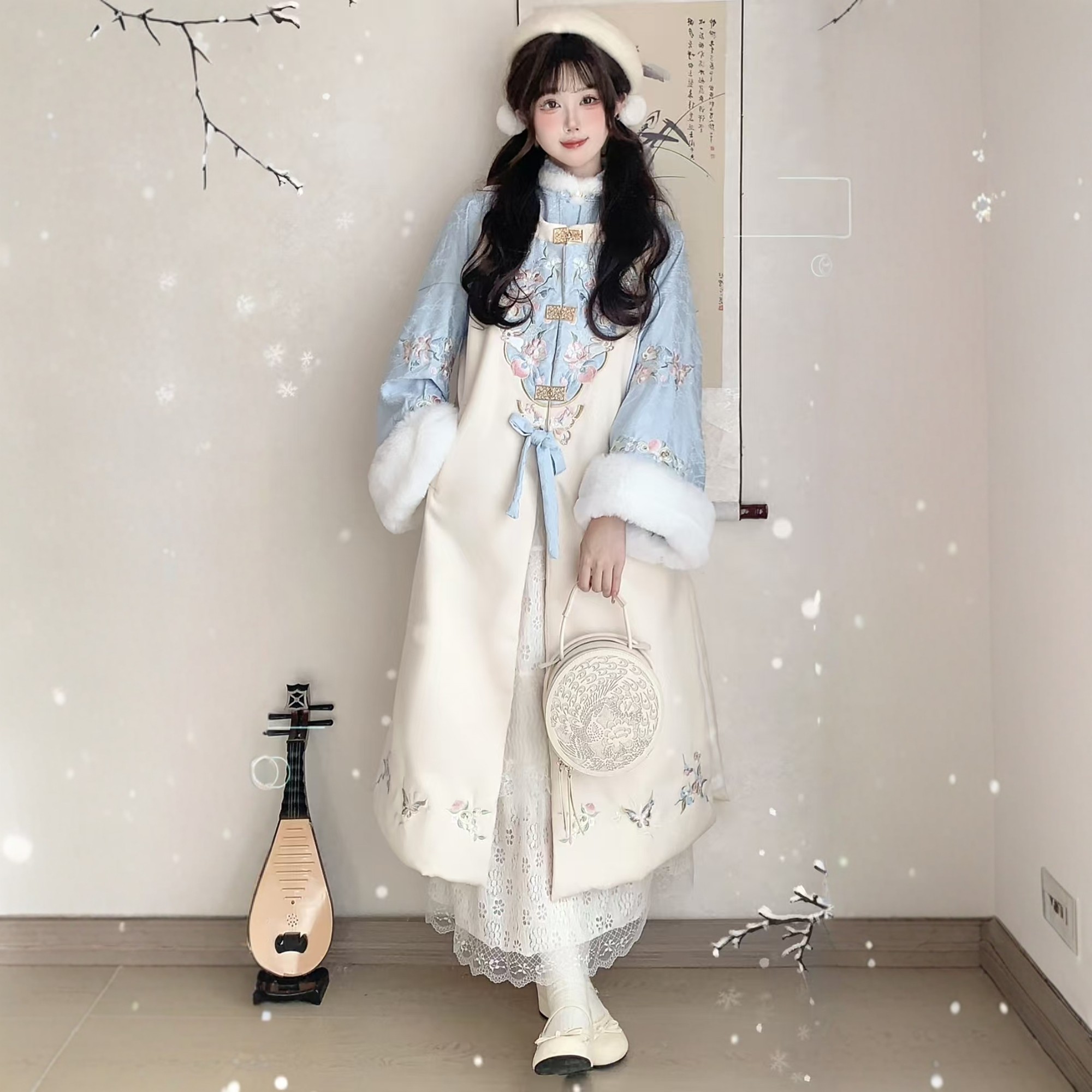 原创汉服女【山茶雪兔】明制加绒加厚长比甲日常拜年服套装冬季款