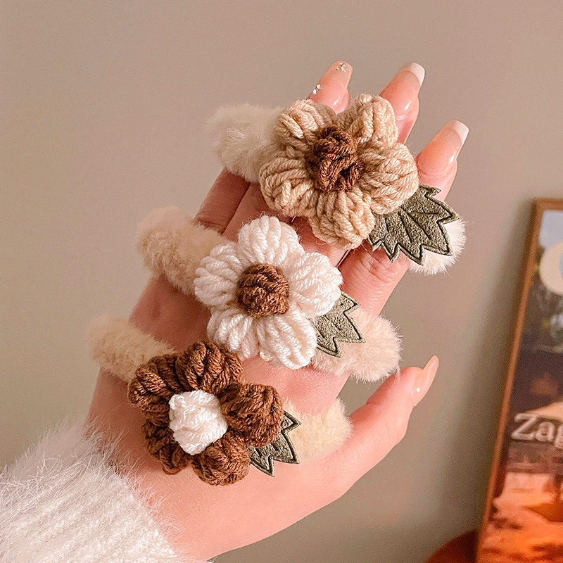 咖色系针织花朵毛绒发绳