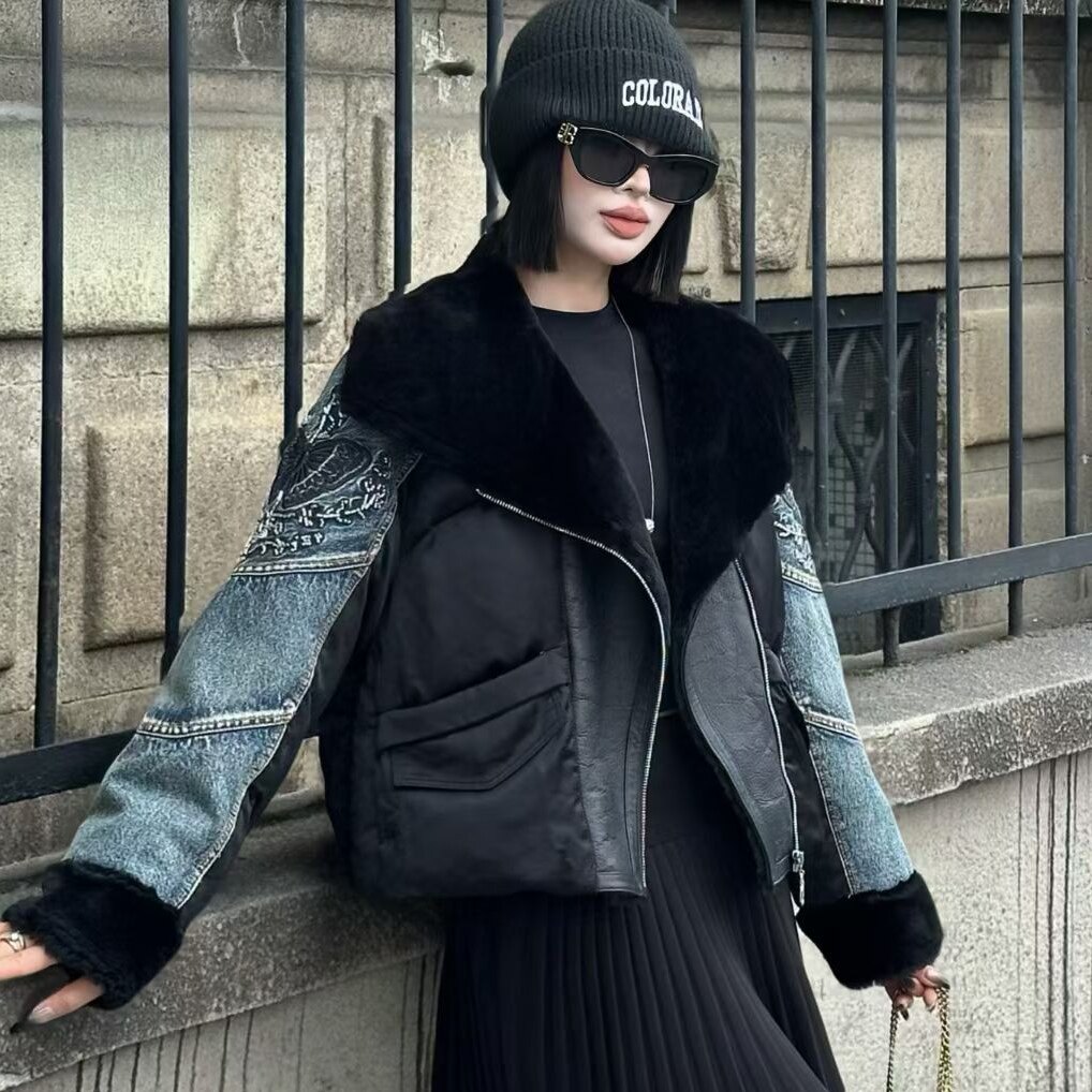 美式复古牛仔拼接棉服女冬季新款设计感小众加厚保暖短款外套潮