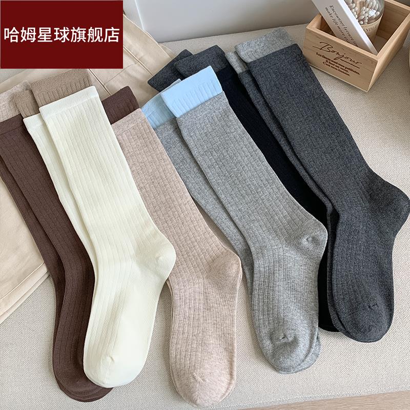 小腿袜灰色高筒堆堆袜撞色女纯棉中长款拼色ins潮袜秋冬咖啡色棉