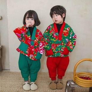 男童中国风宝宝喜庆拜年服花棉袄女 唐装 东北大花袄女冬季 儿童套装
