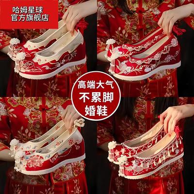 新娘秀禾婚鞋女款春夏古风绣花鞋红色中式婚礼夏季内增高汉服鞋子