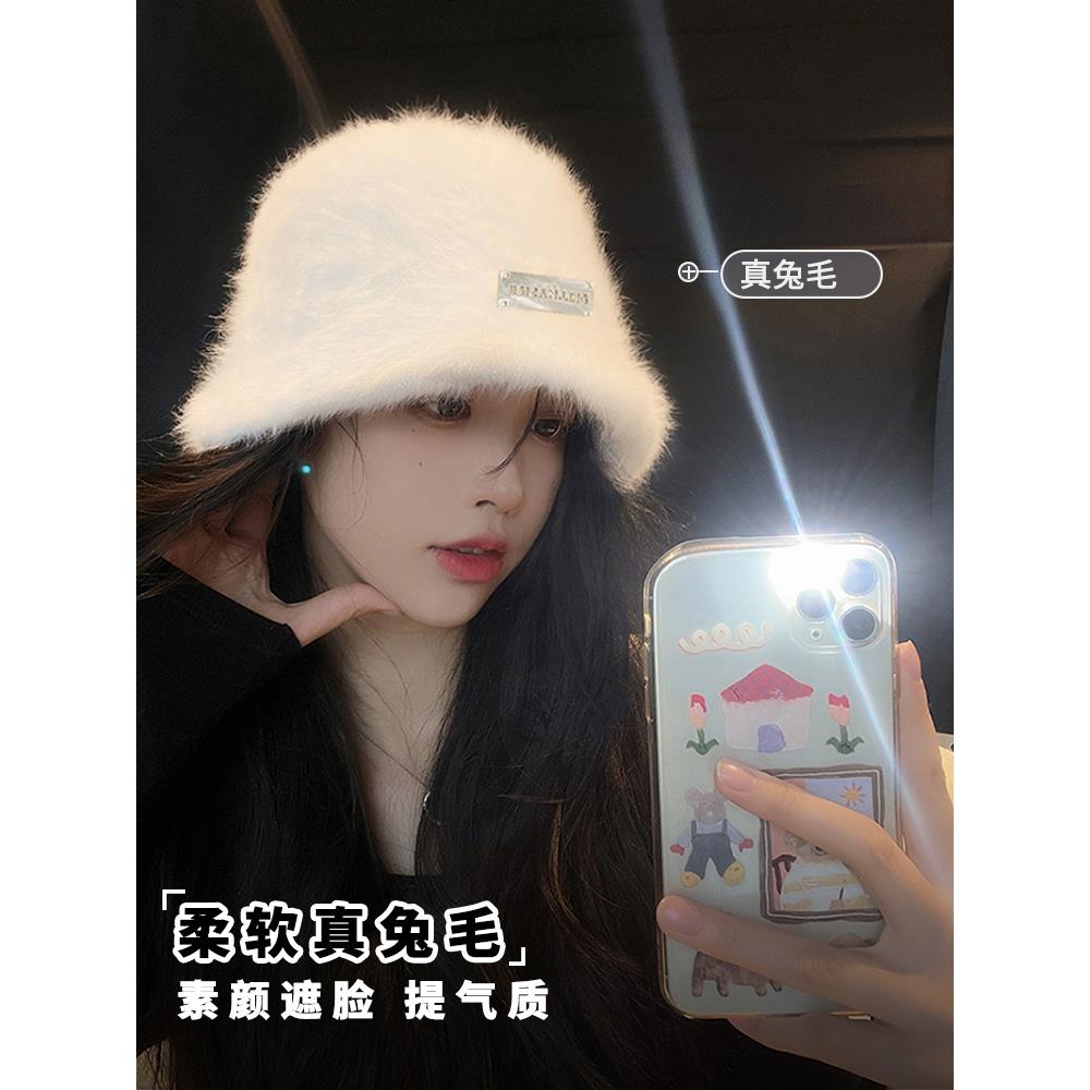 显脸小兔毛渔夫帽女秋冬百搭保暖大头围盆帽白色素颜毛绒水桶帽子