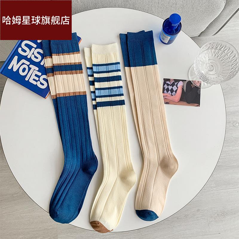 条纹小腿袜女日系学院风显瘦百搭ins秋冬蓝白拼色时尚小腿及膝袜