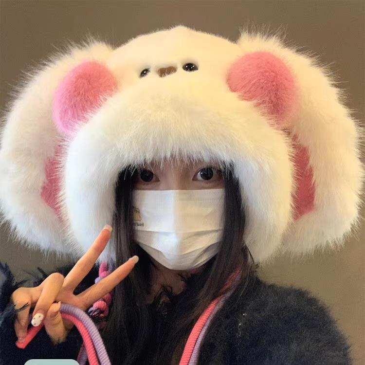 腮红兔耳朵帽子女秋冬加绒保暖卡通毛绒护耳帽加厚甜美可爱雷锋帽