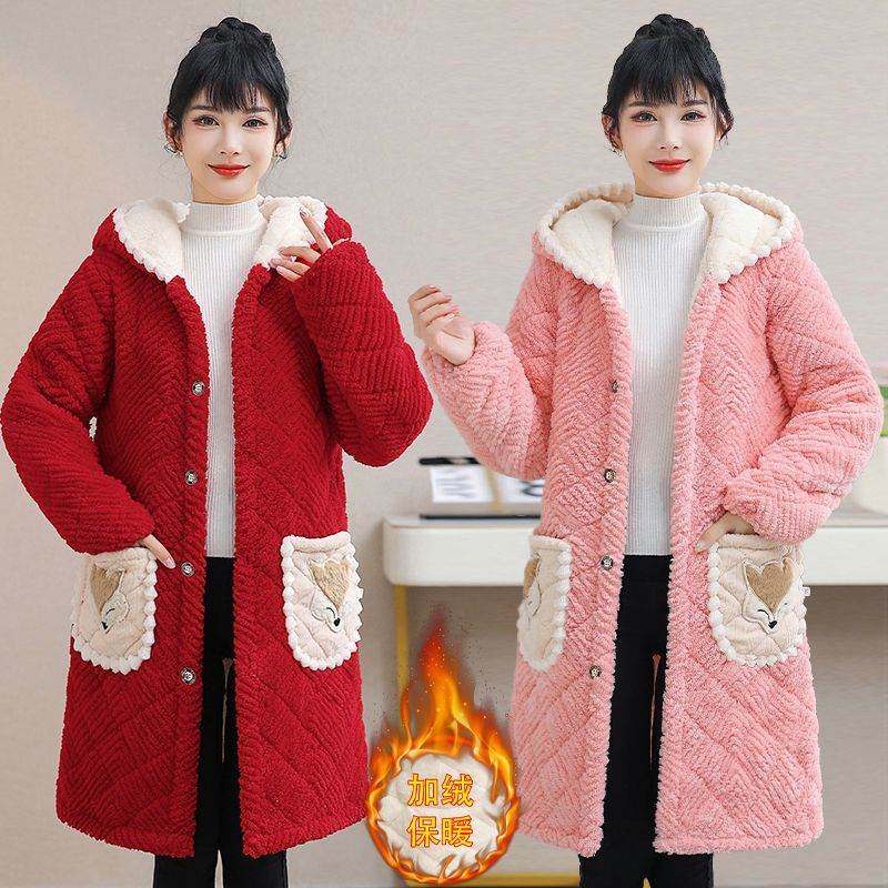 冬季新款女士外套加厚棉衣时尚棉袄加绒中长款保暖棉服家居服睡衣