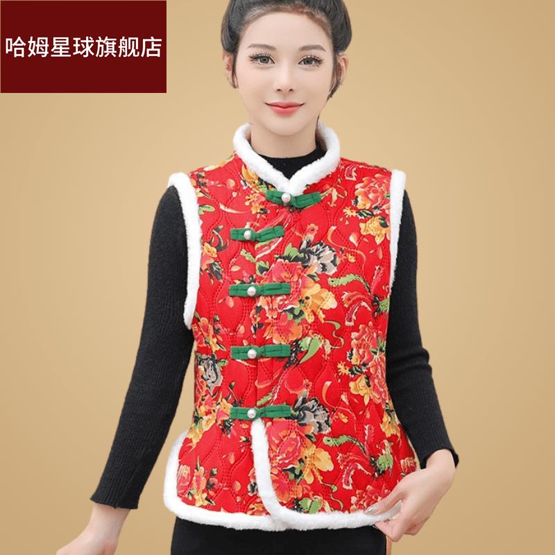东北大花马甲中国风花棉袄盘扣民族风女装加绒加厚唐装过年坎肩冬