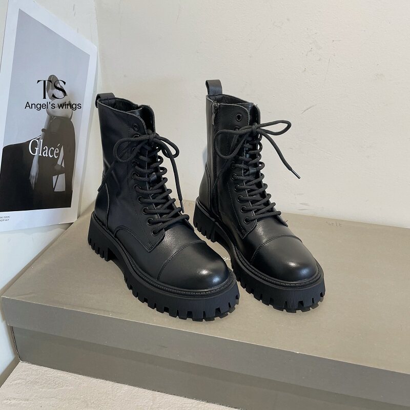 ts秋季英伦风马丁靴女系带厚平底圆头侧拉链短筒靴机车靴nmtd5136