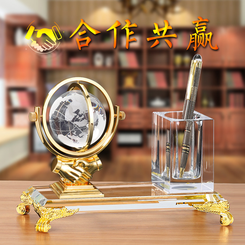 笔筒办公室桌面会议室笔筒收纳盒男女商务高档定制前台桌面笔筒摆台礼品客厅轻奢多功能水晶笔筒摆件定制logo