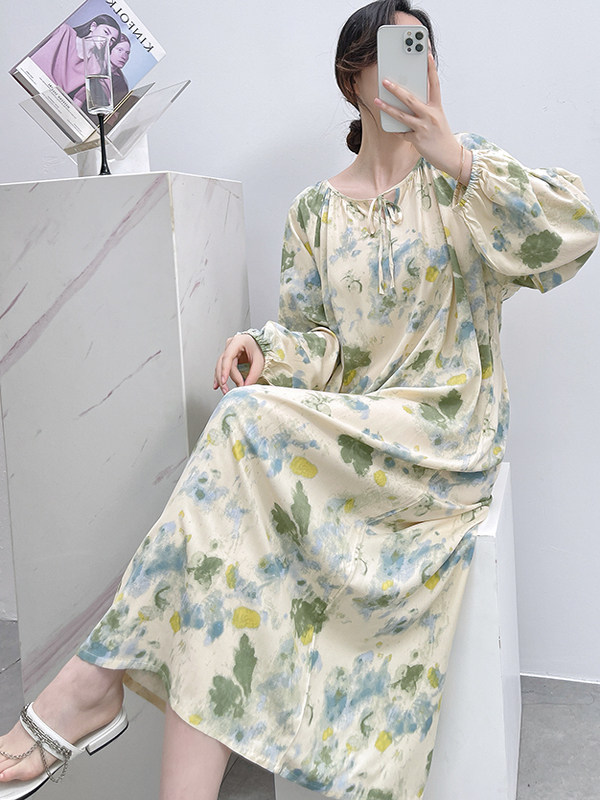 春夏季棉绸睡裙女士绵绸家居服睡衣夏天长袖长裙胖MM可外穿连衣裙