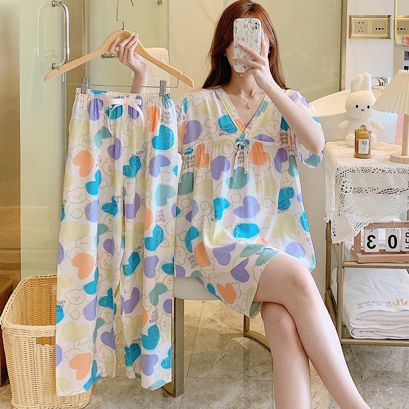 三件套卡通棉绸睡衣长裤家居服