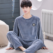 学生秋冬款 法兰绒套头男士 珊瑚绒加厚加绒睡衣保暖家居服套装 冬季