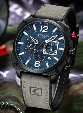 Curren/卡瑞恩男士手表日历表皮带男表六针防水夜光商务男士腕表