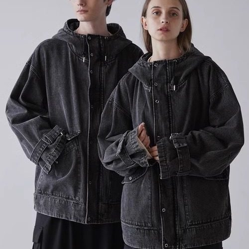 日单男女同款潮牌纯棉春秋深灰色廓形水洗连帽牛仔外套下摆设抽绳