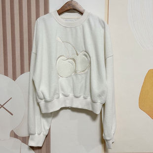 韩单秋冬重工艺女士加绒短款卫衣毛巾刺绣显瘦樱桃休闲上衣短款