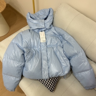 韩单冬季 亮面纯色羽绒服连帽保暖上衣外套可拆卸帽休闲 女士短款