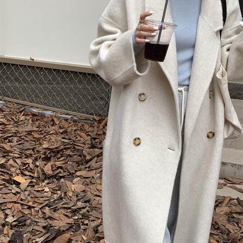 韩单冬季女士中长款羊驼绒双排扣西装领外套大衣风衣