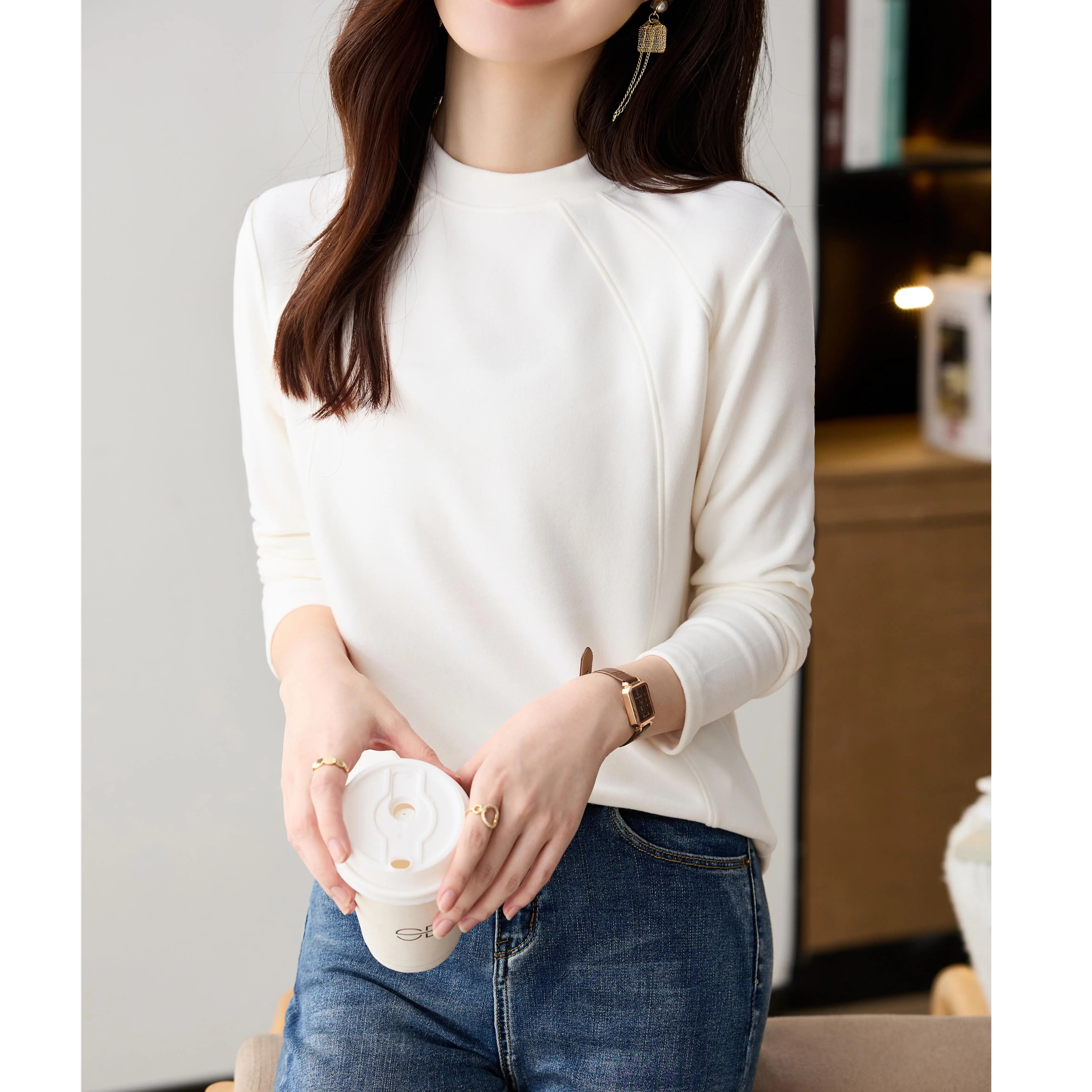 德绒椰油精华打底衫女长袖2025新款显瘦休闲t恤秋冬加绒保暖内搭