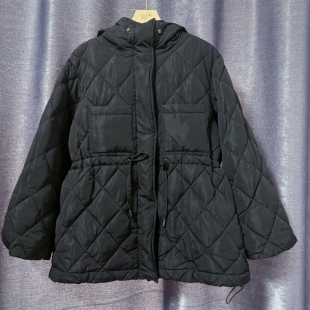 【不退换】出口日单可收腰女士连帽棉服外套袖子中长款缺毛领