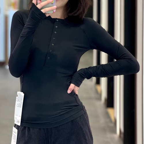 露露亨利衫长袖修身显瘦打底衫瑜伽服T恤上衣