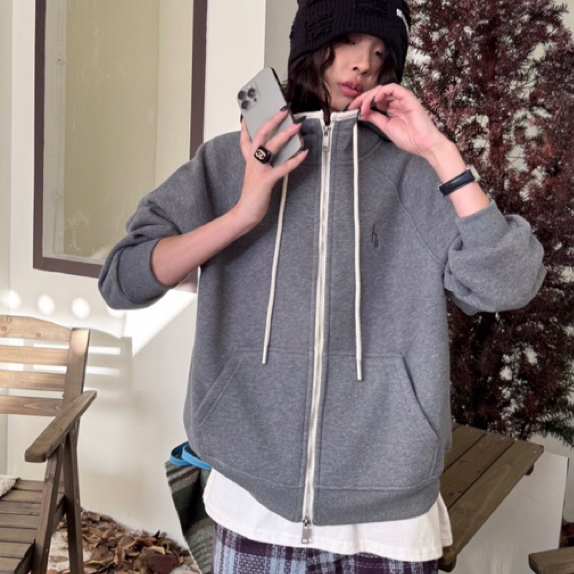 韩系氛围感穿搭连帽卫衣外套女秋冬慵懒风高级感宽松时尚休闲上衣