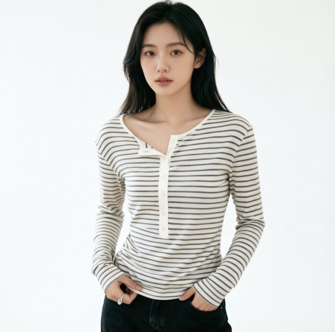 天丝羊毛极简风亨利领排扣长袖T恤女白色修身显瘦打底衫内搭上衣